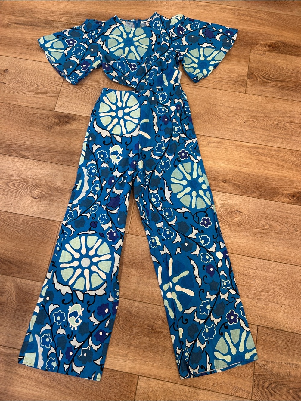 Rhode Blue Abstract Floral Wide-Leg Jumpsuit xs